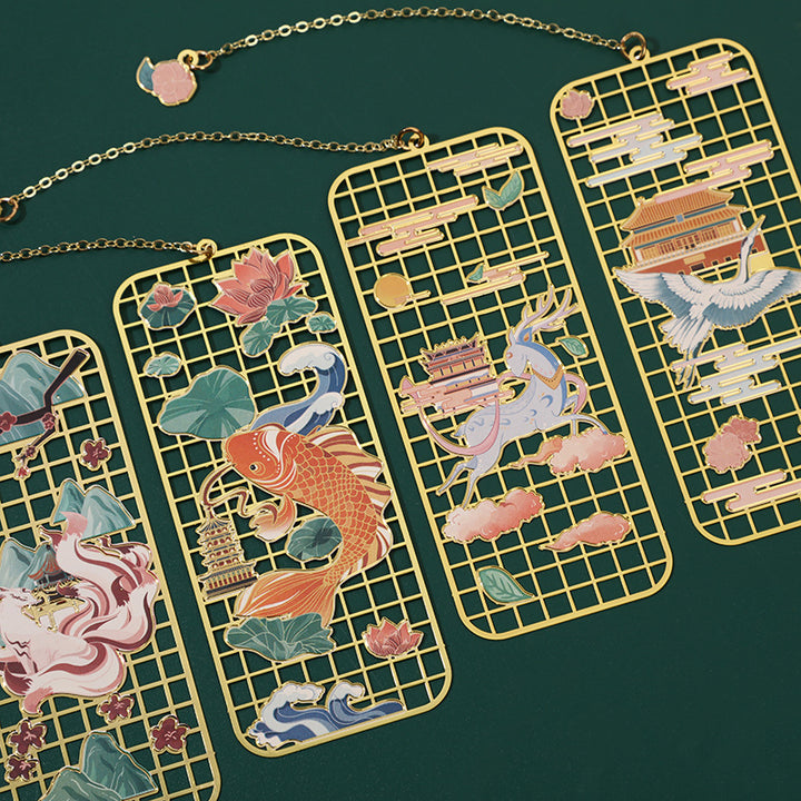 Segnalibro cavo in metallo ottone con Buddha Stones, alce, pesce koi, gru, volpe a nove code - image 0