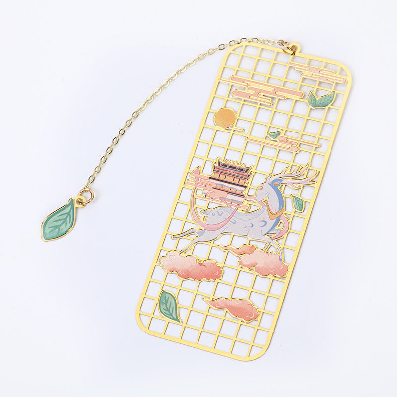 Segnalibro cavo in metallo ottone con Buddha Stones, alce, pesce koi, gru, volpe a nove code
