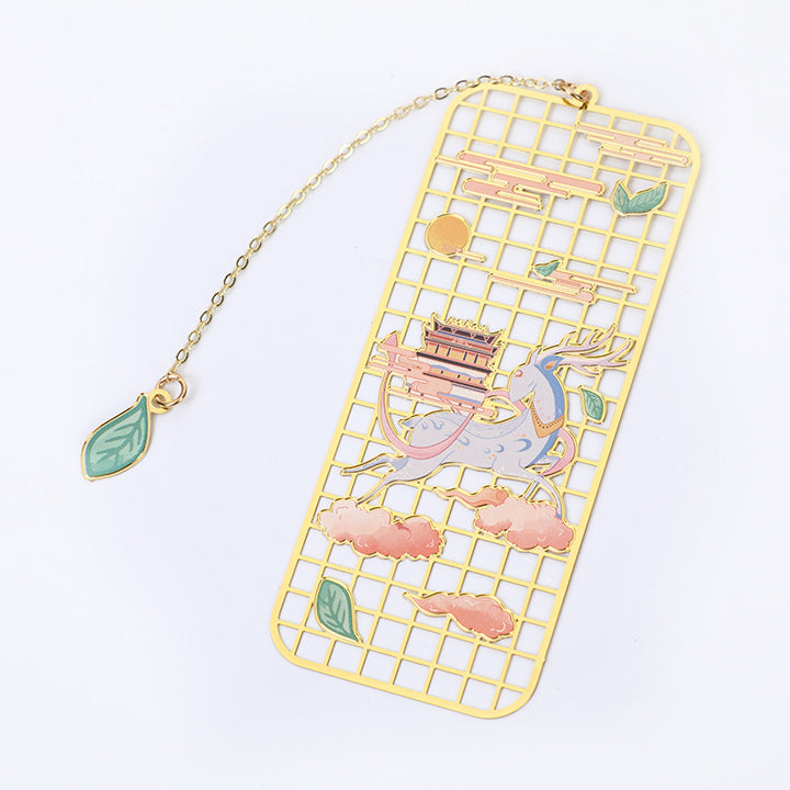 Segnalibro cavo in metallo ottone con Buddha Stones, alce, pesce koi, gru, volpe a nove code