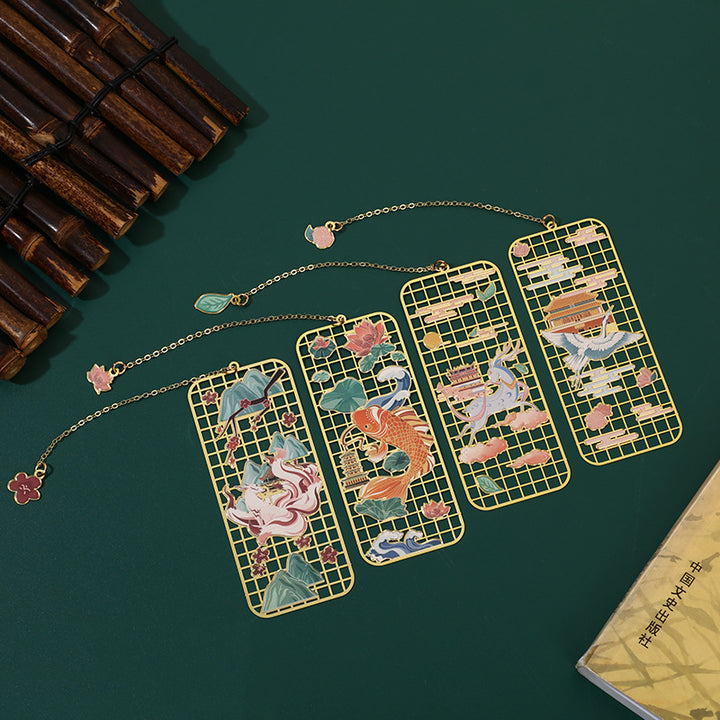 Segnalibro cavo in metallo ottone con Buddha Stones, alce, pesce koi, gru, volpe a nove code