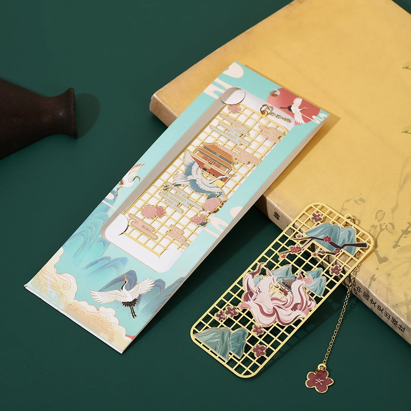 Segnalibro cavo in metallo ottone con Buddha Stones, alce, pesce koi, gru, volpe a nove code