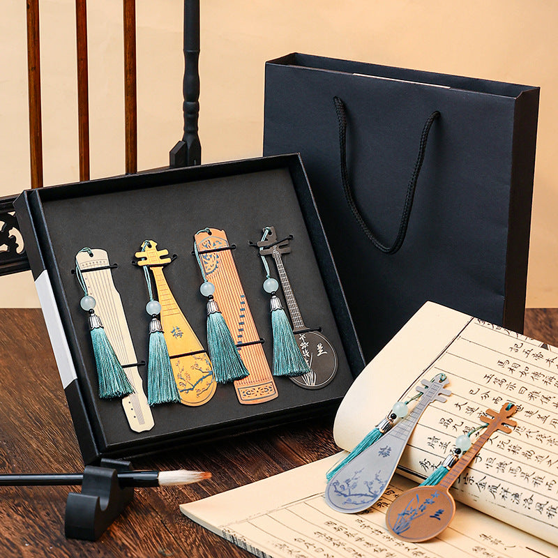 Buddha Stones Strumenti musicali classici Pipa Guzheng Guqin Ruan Segnalibri in metallo Nappa con scatola regalo