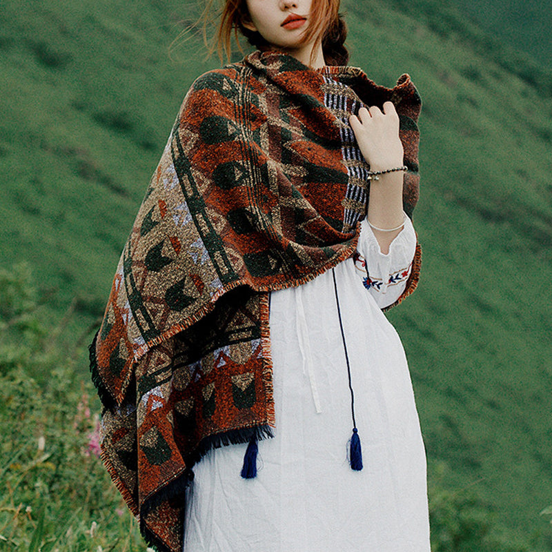 Buddha Stones tibetano con motivo geometrico classico, scialle invernale da viaggio accogliente - Marrone 210*65cm - image 0