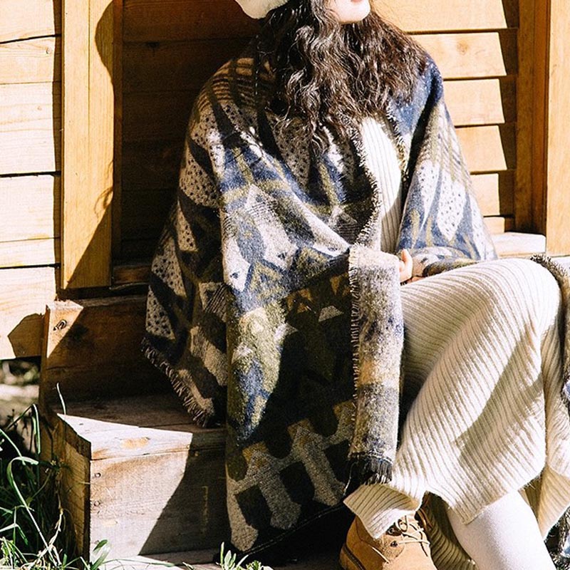 Buddha Stones tibetano con motivo geometrico classico, scialle invernale da viaggio accogliente - Blu 210*65cm - image 12