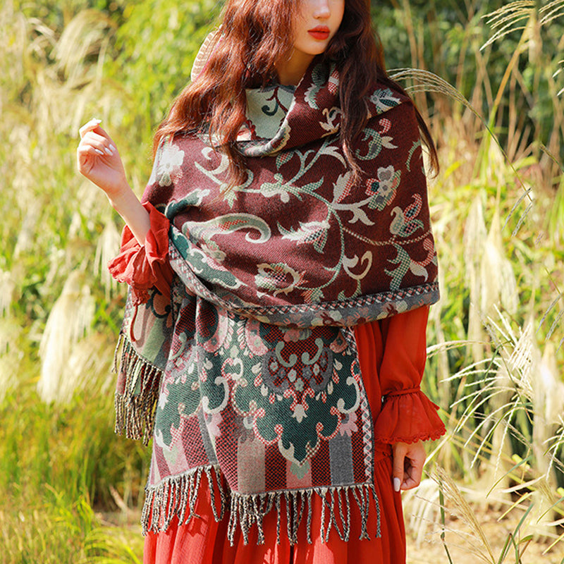 Buddha Stones Scialle con nappe con fiori tibetani, foglie e rami, sciarpa da viaggio avvolgente - image 1