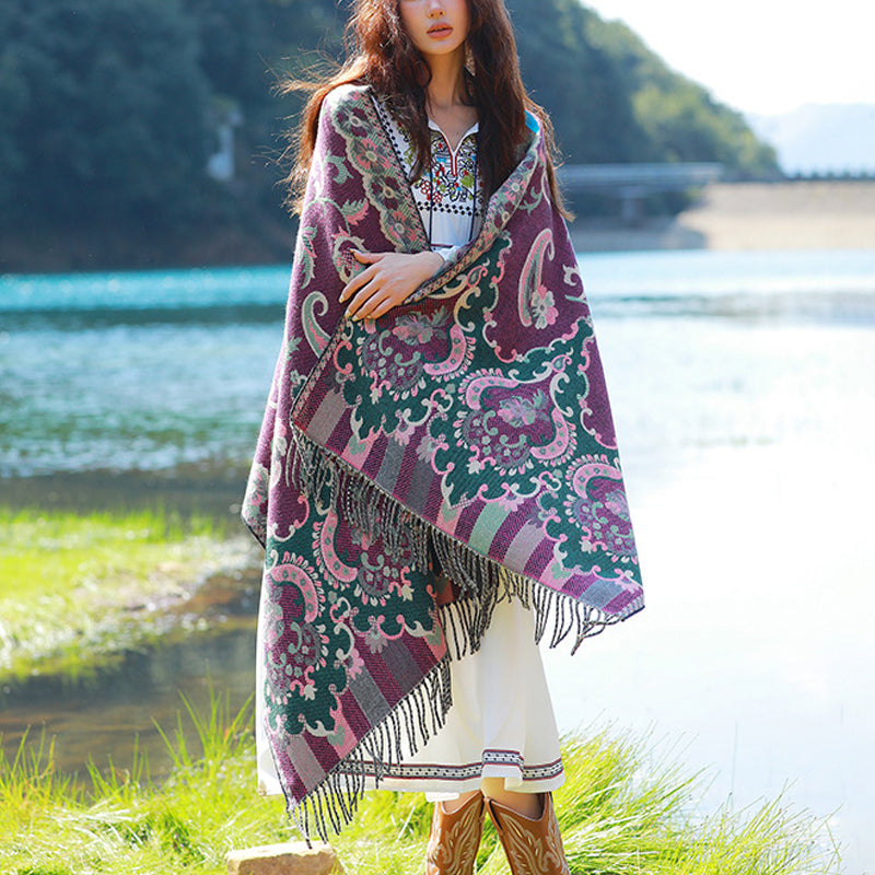 Buddha Stones Scialle con nappe con fiori tibetani, foglie e rami, sciarpa da viaggio avvolgente - Viola - image 10