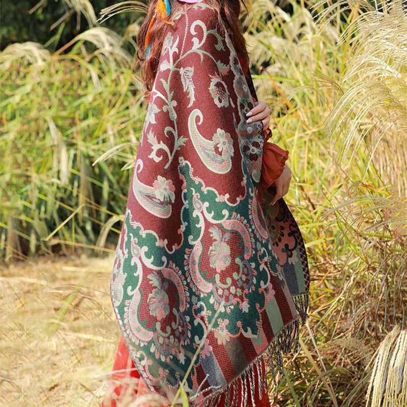 Buddha Stones Scialle con nappe con fiori tibetani, foglie e rami, sciarpa da viaggio avvolgente - image 3