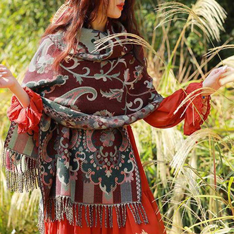 Buddha Stones Scialle con nappe con fiori tibetani, foglie e rami, sciarpa da viaggio avvolgente - image 8