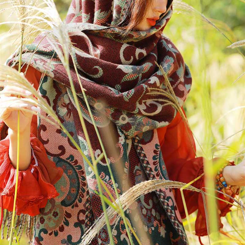 Buddha Stones Scialle con nappe con fiori tibetani, foglie e rami, sciarpa da viaggio avvolgente - image 4