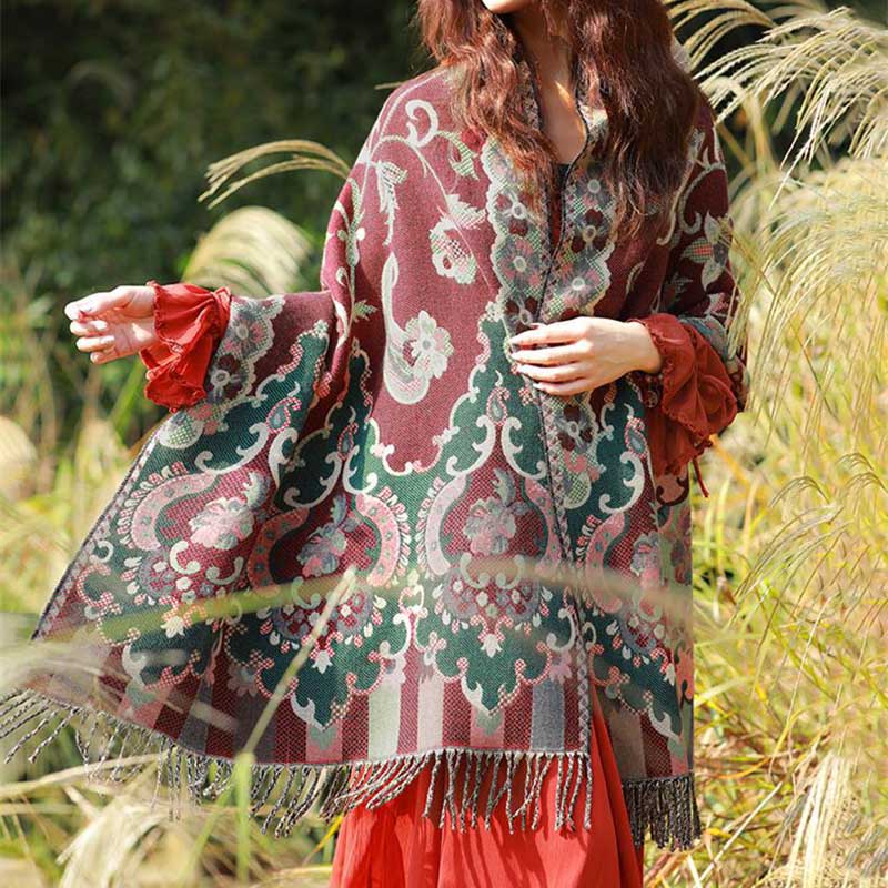 Buddha Stones Scialle con nappe con fiori tibetani, foglie e rami, sciarpa da viaggio avvolgente - image 2
