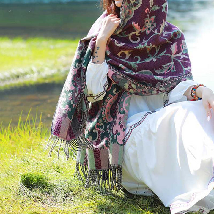 Buddha Stones Scialle con nappe con fiori tibetani, foglie e rami, sciarpa da viaggio avvolgente - image 14