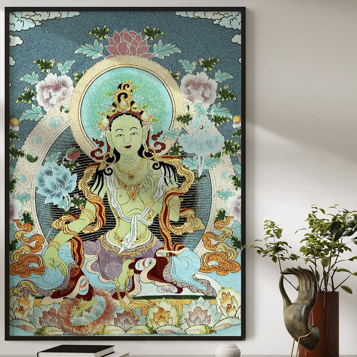 Buddha Stones Ricamo Tibetano Tara Bianca Thangka Arazzo Appeso a Parete Arte della Parete Meditazione per la Decorazione della Casa