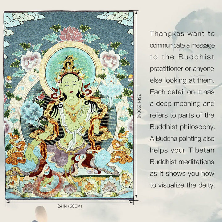 Buddha Stones Ricamo Tibetano Tara Bianca Thangka Arazzo Appeso a Parete Arte della Parete Meditazione per la Decorazione della Casa
