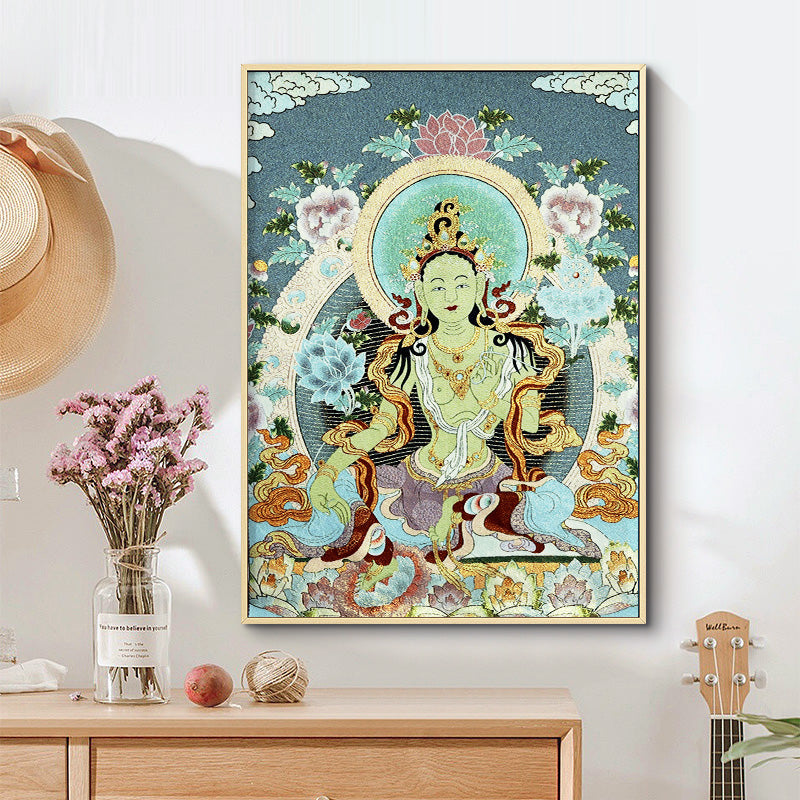 Buddha Stones Ricamo Tibetano Tara Bianca Thangka Arazzo Appeso a Parete Arte della Parete Meditazione per la Decorazione della Casa