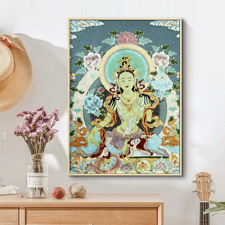 Buddha Stones Ricamo Tibetano Tara Bianca Thangka Arazzo Appeso a Parete Arte della Parete Meditazione per la Decorazione della Casa