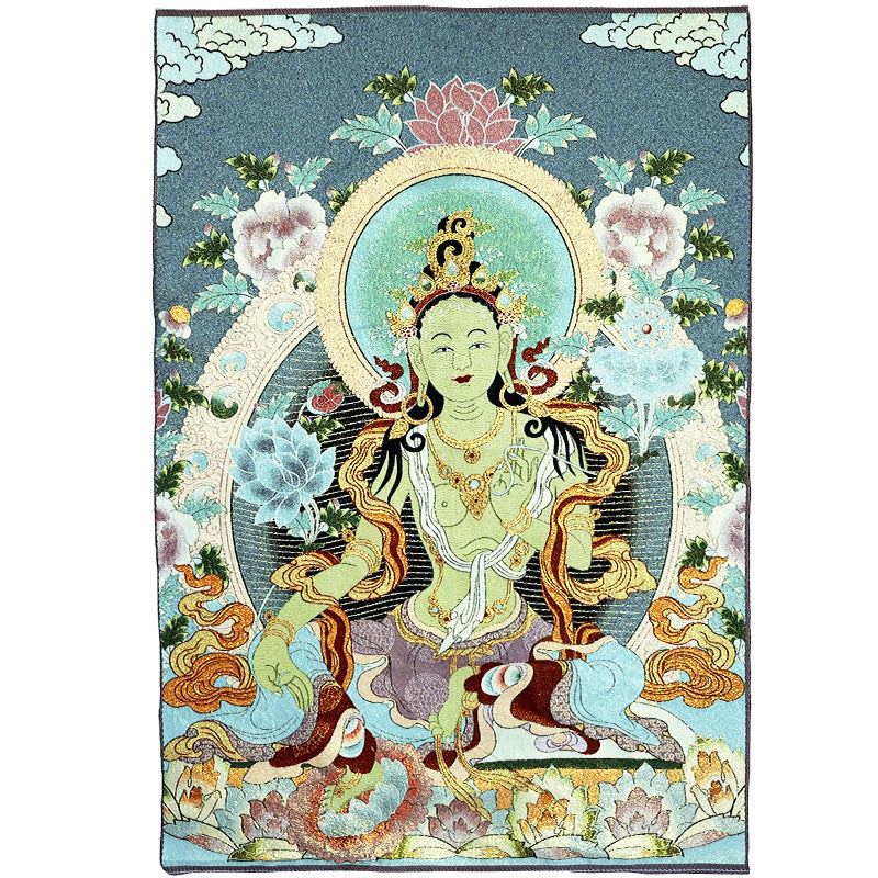 Buddha Stones Ricamo Tibetano Tara Bianca Thangka Arazzo Appeso a Parete Arte della Parete Meditazione per la Decorazione della Casa