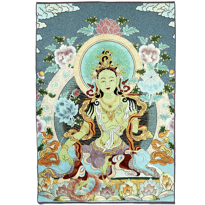 Buddha Stones Ricamo Tibetano Tara Bianca Thangka Arazzo Appeso a Parete Arte della Parete Meditazione per la Decorazione della Casa