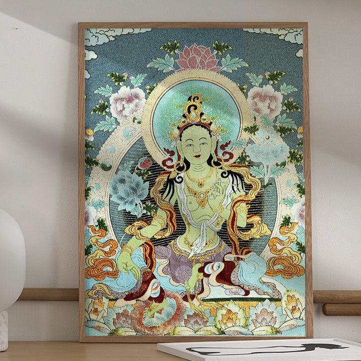 Buddha Stones Ricamo Tibetano Tara Bianca Thangka Arazzo Appeso a Parete Arte della Parete Meditazione per la Decorazione della Casa