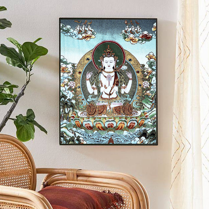 Buddha Stones Ricamo Tibetano Tara Bianca Thangka Arazzo Appeso a Parete Arte della Parete Meditazione per la Decorazione della Casa