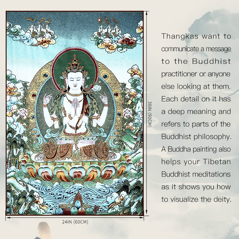 Buddha Stones Ricamo Tibetano Tara Bianca Thangka Arazzo Appeso a Parete Arte della Parete Meditazione per la Decorazione della Casa