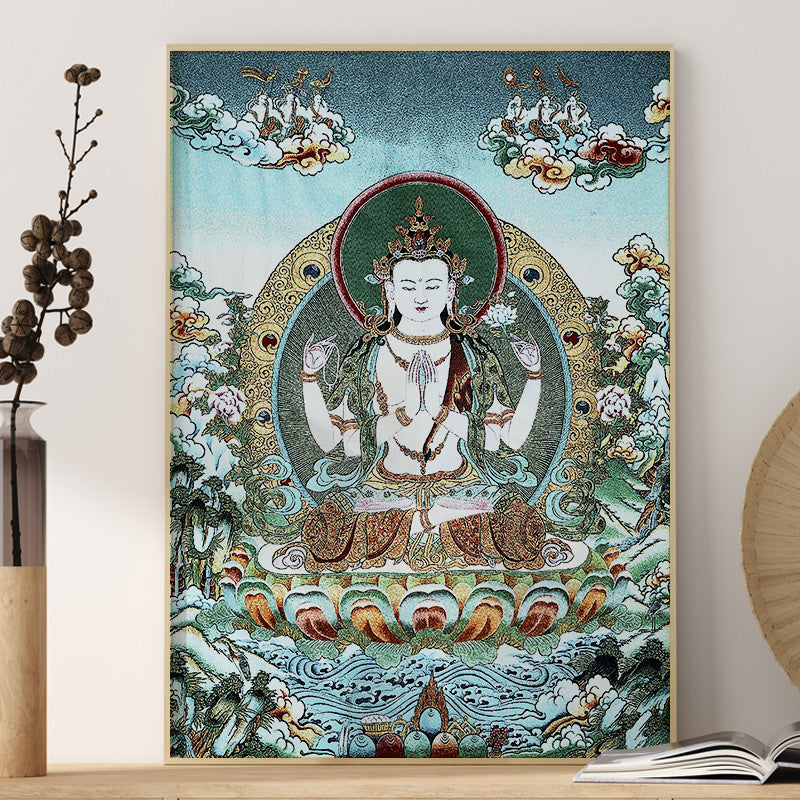 Buddha Stones Ricamo Tibetano Tara Bianca Thangka Arazzo Appeso a Parete Arte della Parete Meditazione per la Decorazione della Casa