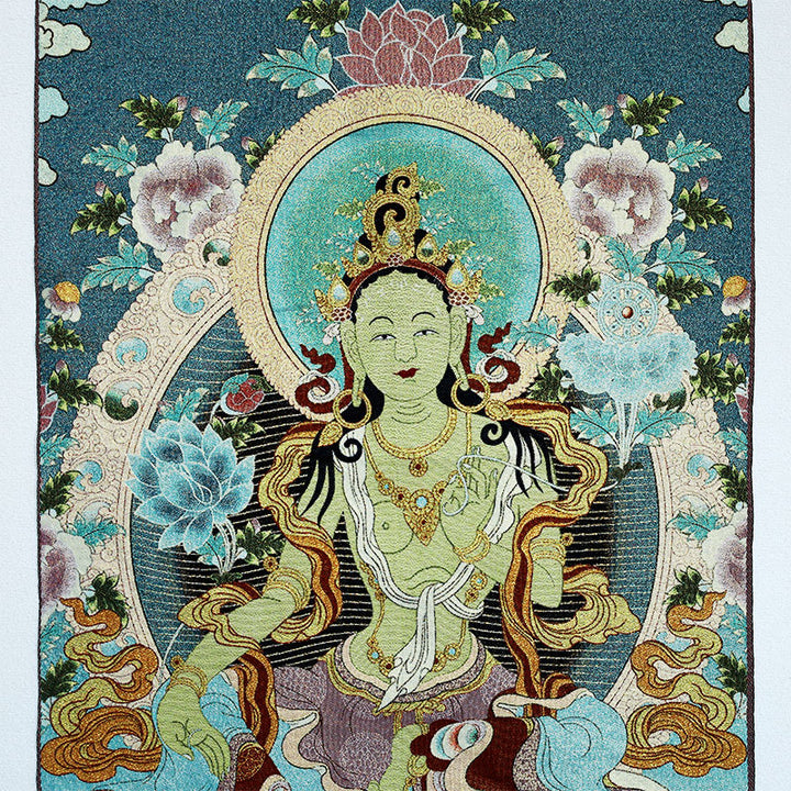 Buddha Stones Ricamo Tibetano Tara Bianca Thangka Arazzo Appeso a Parete Arte della Parete Meditazione per la Decorazione della Casa