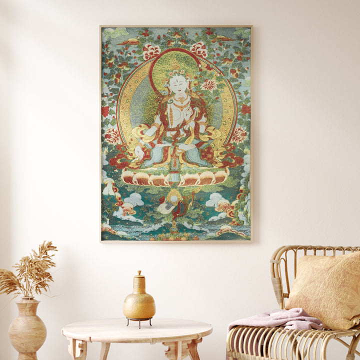 Buddha Stones Ricamo Tibetano Tara Bianca Thangka Arazzo Appeso a Parete Arte della Parete Meditazione per la Decorazione della Casa