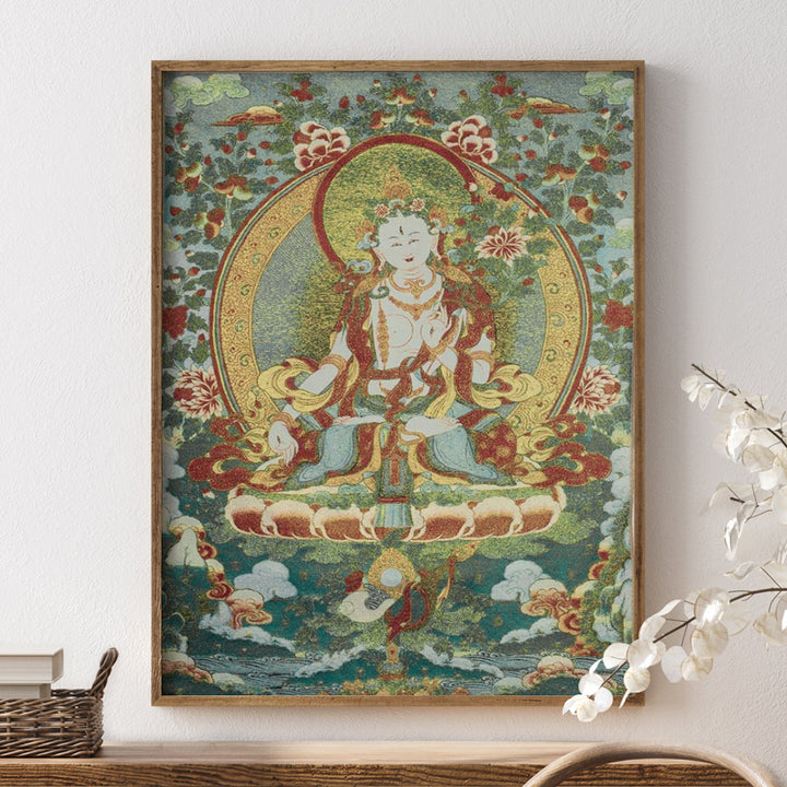 Buddha Stones Ricamo Tibetano Tara Bianca Thangka Arazzo Appeso a Parete Arte della Parete Meditazione per la Decorazione della Casa