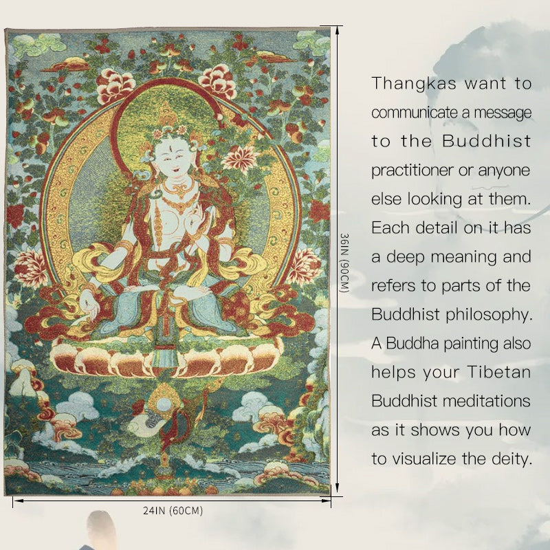 Buddha Stones Ricamo Tibetano Tara Bianca Thangka Arazzo Appeso a Parete Arte della Parete Meditazione per la Decorazione della Casa