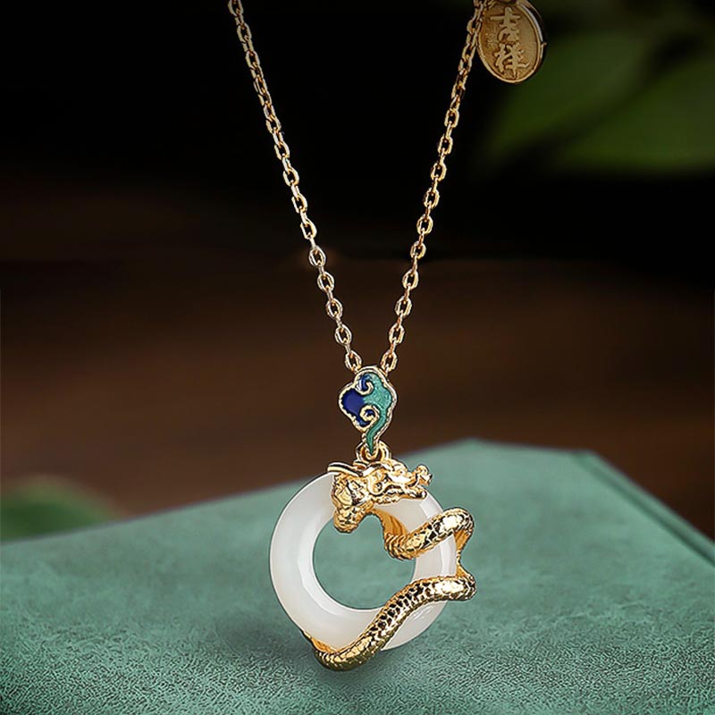 Buddha Stones Anno del Drago Argento Sterling 925 Giada Bianca Hetian Fibbia della Pace Nuvole di Buon Auspicio Collana Pendente di Successo