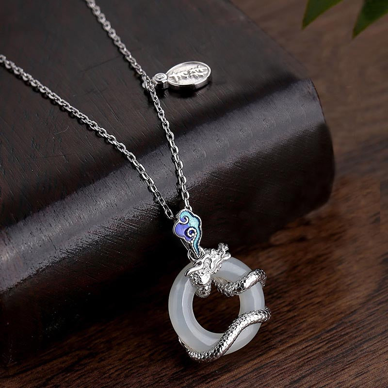 Buddha Stones Anno del Drago Argento Sterling 925 Giada Bianca Hetian Fibbia della Pace Nuvole di Buon Auspicio Collana Pendente di Successo