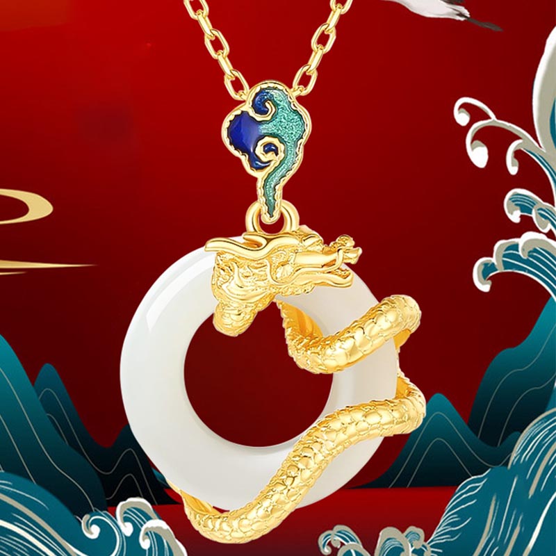Buddha Stones Anno del Drago Argento Sterling 925 Giada Bianca Hetian Fibbia della Pace Nuvole di Buon Auspicio Collana Pendente di Successo