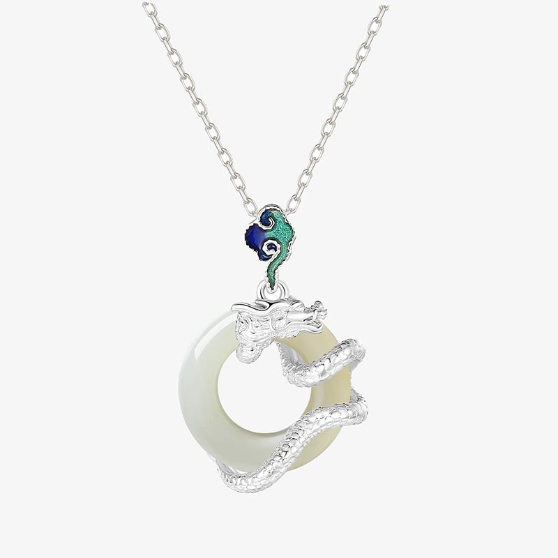 Buddha Stones Anno del Drago Argento Sterling 925 Giada Bianca Hetian Fibbia della Pace Nuvole di Buon Auspicio Collana Pendente di Successo