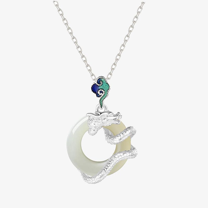 Buddha Stones Anno del Drago Argento Sterling 925 Giada Bianca Hetian Fibbia della Pace Nuvole di Buon Auspicio Collana Pendente di Successo