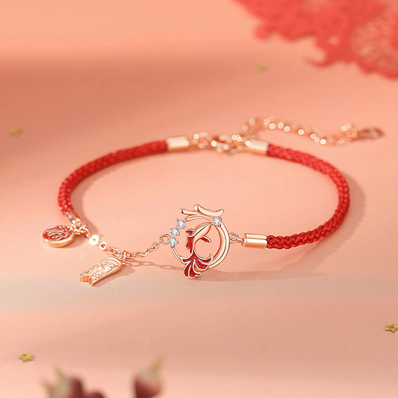 Buddha Stones 925 Sterling Silver Anno del Drago Koi Pesce Fu Carattere Fortuna Collana Ciondolo Bracciale