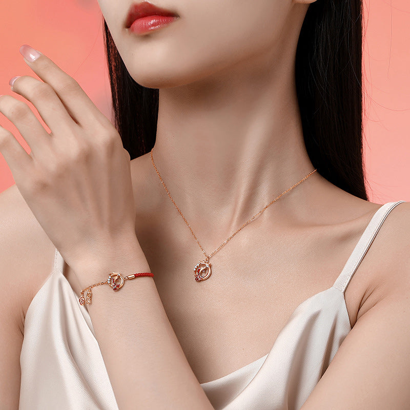 Buddha Stones 925 Sterling Silver Anno del Drago Koi Pesce Fu Carattere Fortuna Collana Ciondolo Bracciale