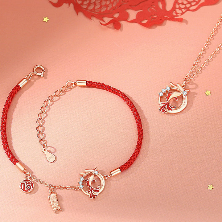 Buddha Stones 925 Sterling Silver Anno del Drago Koi Pesce Fu Carattere Fortuna Collana Ciondolo Bracciale