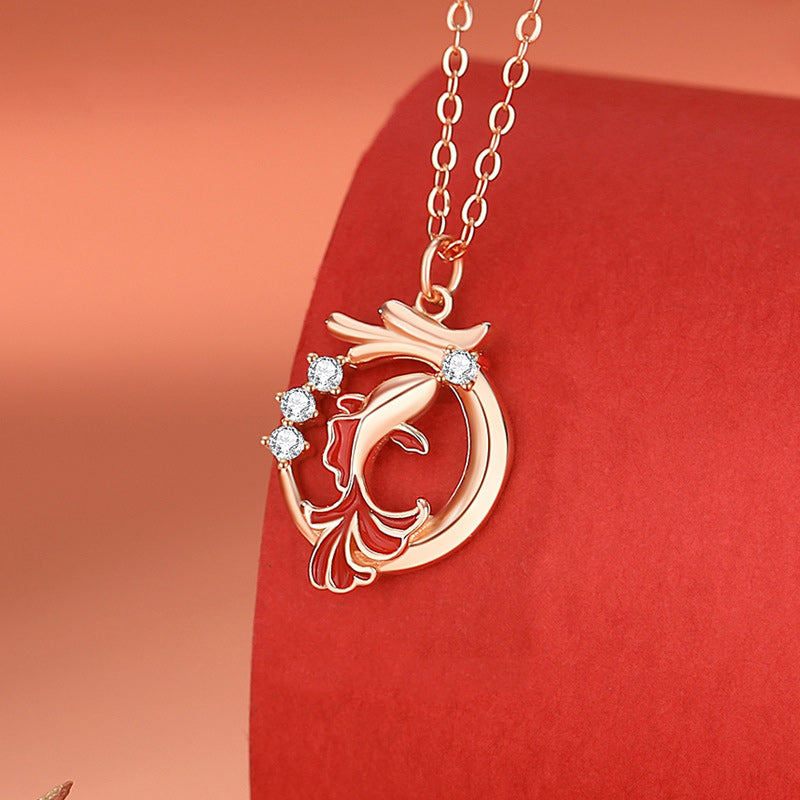 Buddha Stones 925 Sterling Silver Anno del Drago Koi Pesce Fu Carattere Fortuna Collana Ciondolo Bracciale