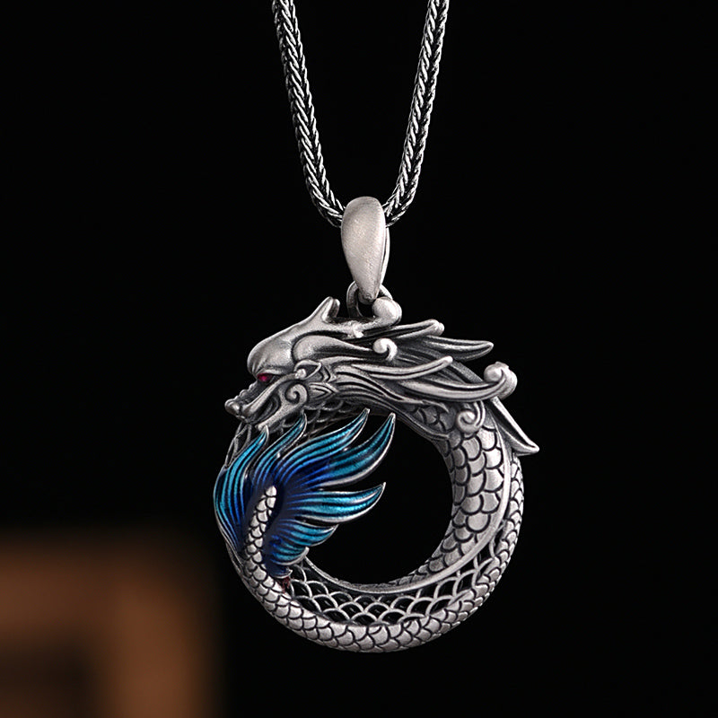 Buddha Stones 999 Sterling Silver Anno del Drago Fibbia di Pace Auspiciosa Collana Pendente di Successo Intagliato