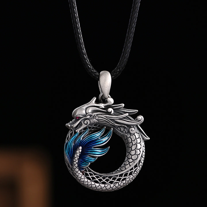 Buddha Stones 999 Sterling Silver Anno del Drago Fibbia di Pace Auspiciosa Collana Pendente di Successo Intagliato