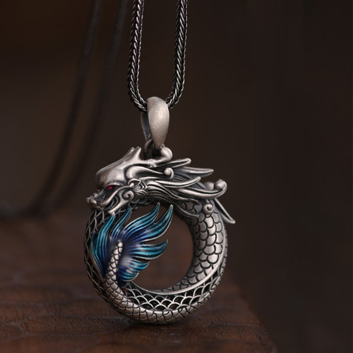 Buddha Stones 999 Sterling Silver Anno del Drago Fibbia di Pace Auspiciosa Collana Pendente di Successo Intagliato
