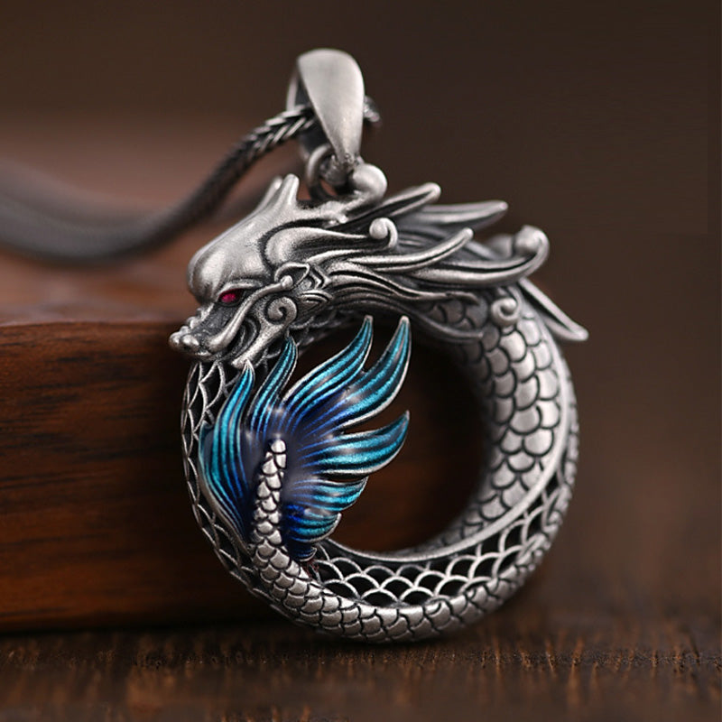 Buddha Stones 999 Sterling Silver Anno del Drago Fibbia di Pace Auspiciosa Collana Pendente di Successo Intagliato