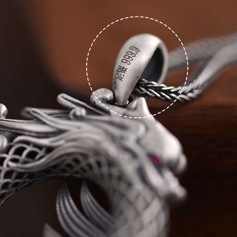 Buddha Stones 999 Sterling Silver Anno del Drago Fibbia di Pace Auspiciosa Collana Pendente di Successo Intagliato