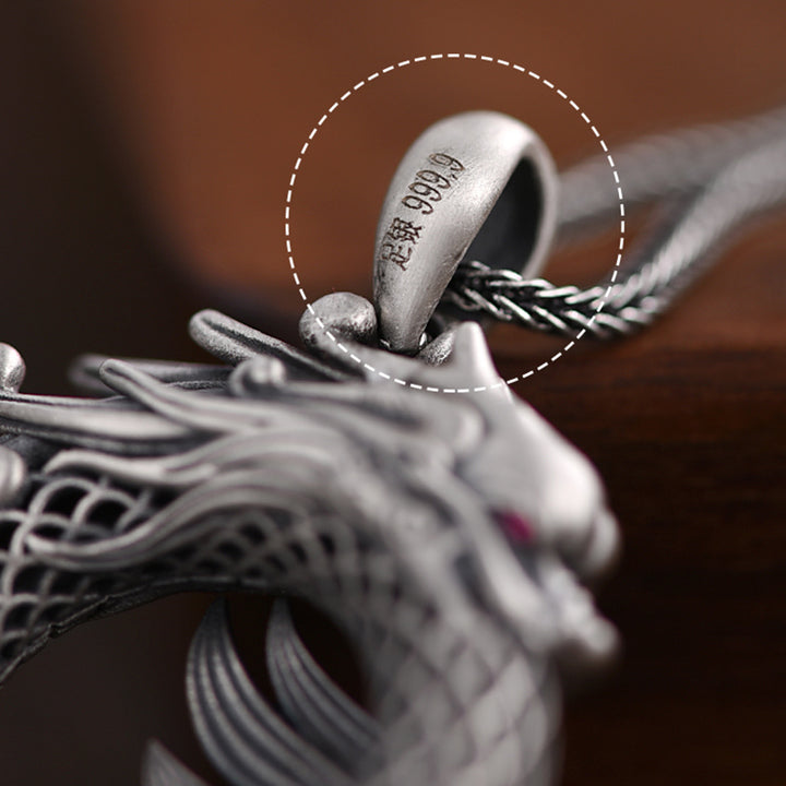 Buddha Stones 999 Sterling Silver Anno del Drago Fibbia di Pace Auspiciosa Collana Pendente di Successo Intagliato