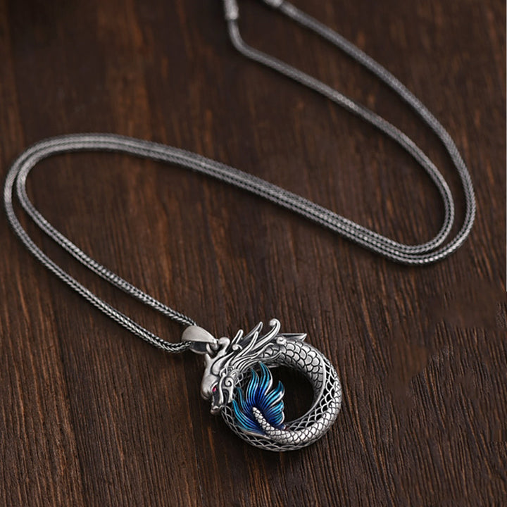 Buddha Stones 999 Sterling Silver Anno del Drago Fibbia di Pace Auspiciosa Collana Pendente di Successo Intagliato