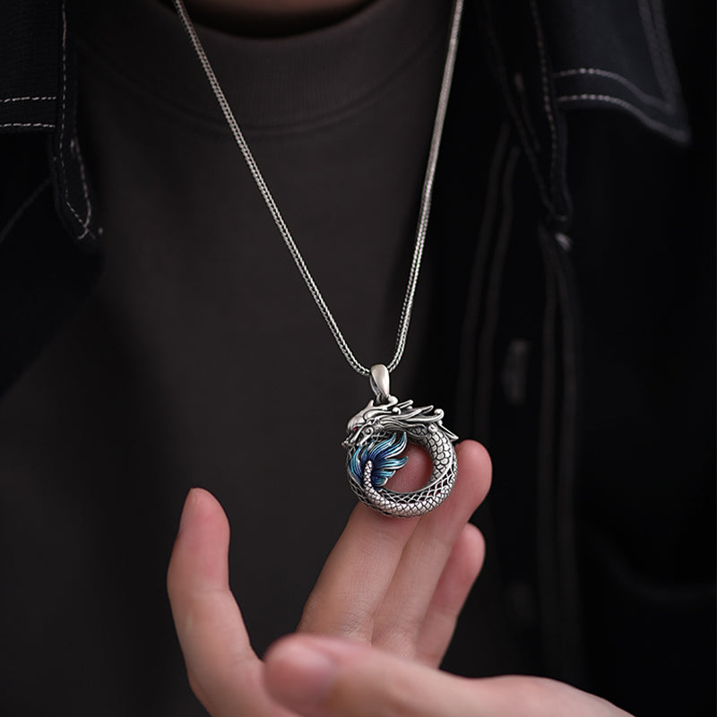 Buddha Stones 999 Sterling Silver Anno del Drago Fibbia di Pace Auspiciosa Collana Pendente di Successo Intagliato