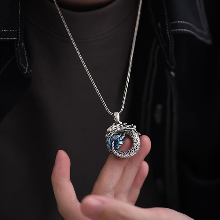 Buddha Stones 999 Sterling Silver Anno del Drago Fibbia di Pace Auspiciosa Collana Pendente di Successo Intagliato