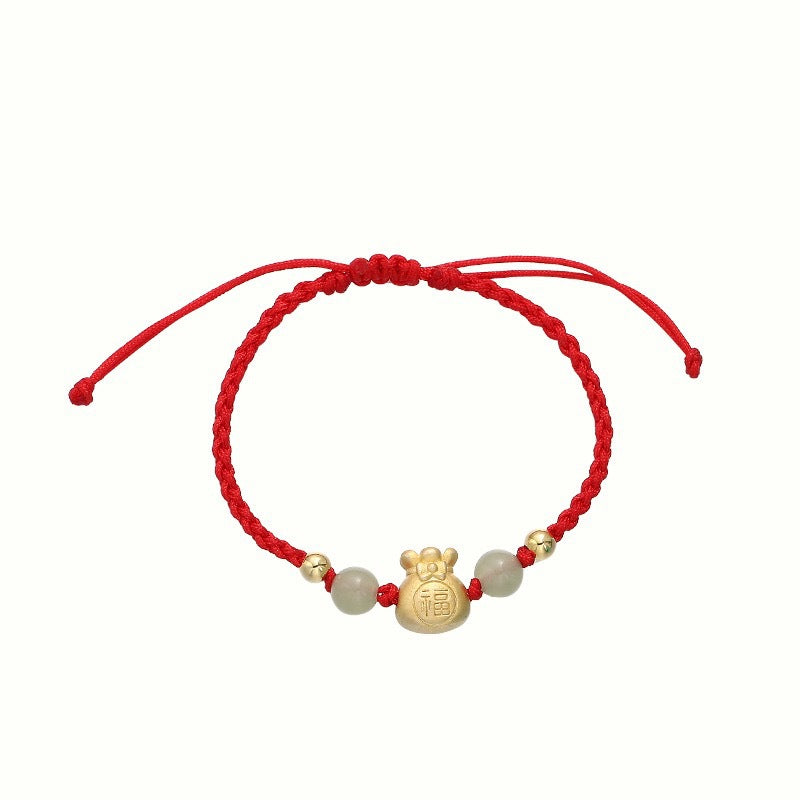 Braccialetto intrecciato con perline di giada, carattere Fu, borsa porta soldi fortunata Buddha Stones