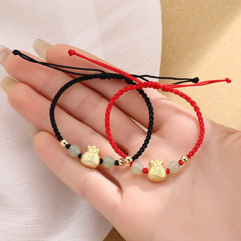Braccialetto intrecciato con perline di giada, carattere Fu, borsa porta soldi fortunata Buddha Stones