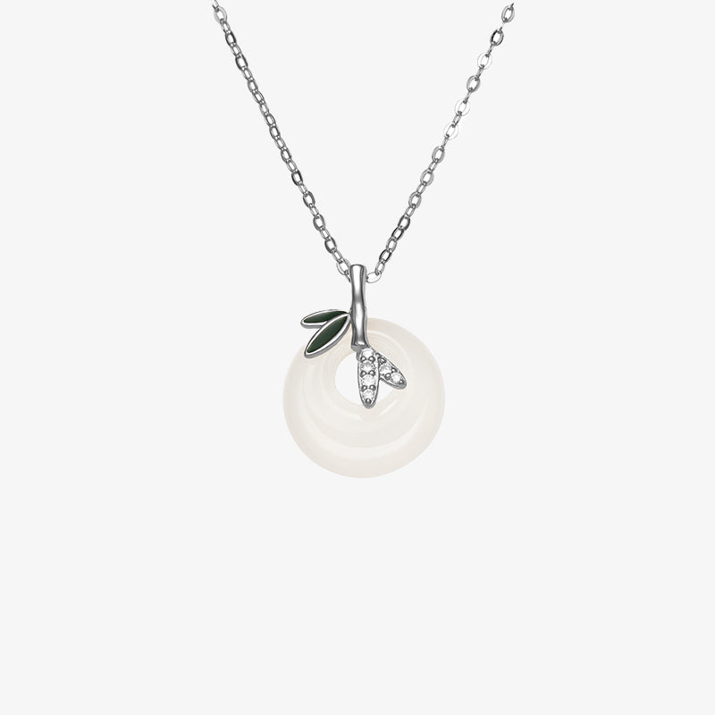 Buddha Stones 925 Sterling Silver Calcedonio Naturale Foglia di Bambù Fibbia della Pace Collana Pendente Positivo